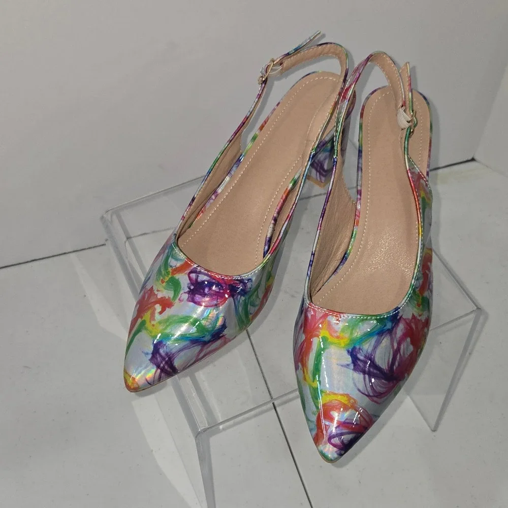 Multicolor Abstract Print Slingback Pumps Pointed Toe Block Heel Shoes Size 42